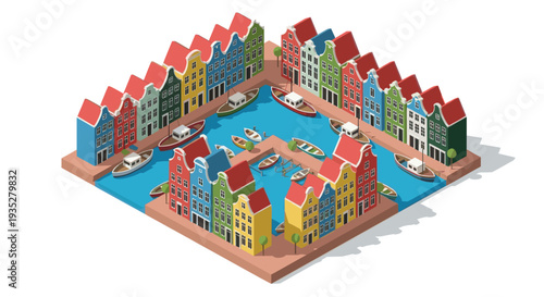Isometric illustration of Amsterdam canal with colorful buildings and boats, creating a charming and vibrant scene suitable for travel and architectural designs.