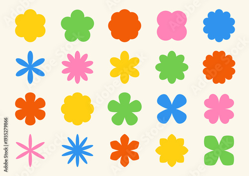Simple retro flower shapes set. Minimal abstract floral collection with colorful flat blossom silhouettes in vintage style inspired by seventies design. Isolated decorative elements. Vector 10 EPS.