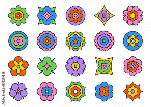 Retro groovy flower ornament set. Colorful vintage floral collection with bold outlined decorative shapes inspired by seventies pop art style. Bright abstract blossoms isolated on light background. 