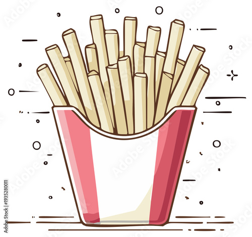 Crispy French Fries in Striped Container. Illustration of Unhealthy Street Food.