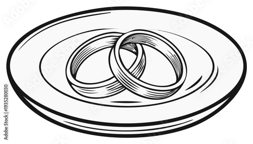Two Wedding Rings on a Plate Simple Line Art Illustration for Marriage and Commitment