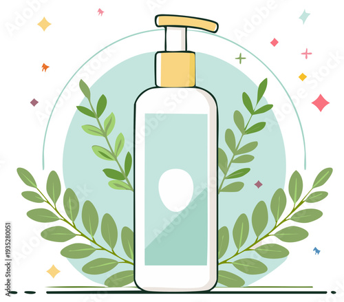 Vector illustration of a lotion pump dispenser bottle with botanical leaves, natural organic concept