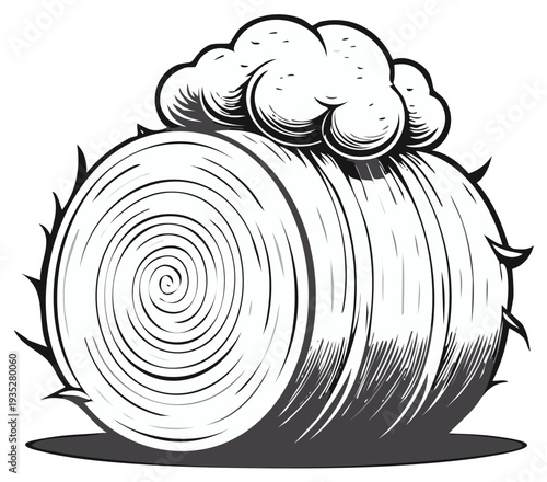 Sketch of a Round Hay Bale with a Cloud on Top, Agricultural Symbol and Autumn Decor