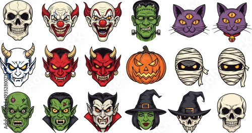 Halloween horror character collection, spooky skull clown vampire witch monster faces vector illustration isolated on white background