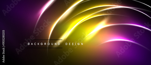 Abstract neon lines create dynamic gradient effect. Purple, yellow hues dominate dark background. Modern design element.