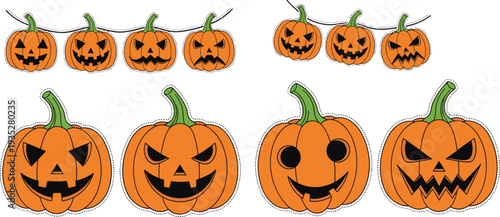 Halloween pumpkin jack o lantern collection, scary carved orange pumpkin faces vector illustration isolated on white background