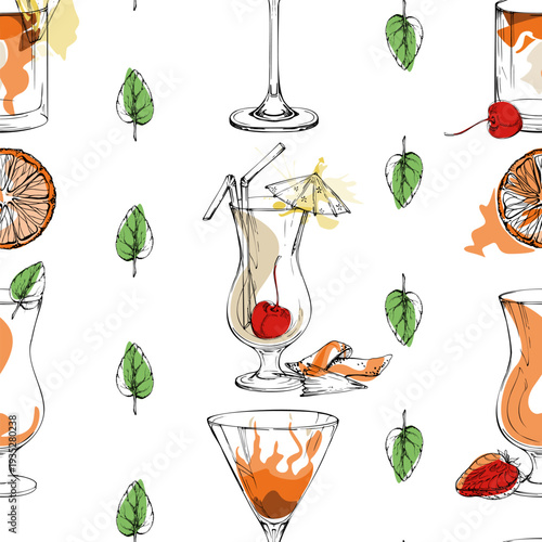 Warm seamless pattern with highball and martini iconic cocktails, creamy milkshakes, orange zest. Hand drawn seamless tile for summer tiki bar packaging, recipe sets, craft paper and home decor.
