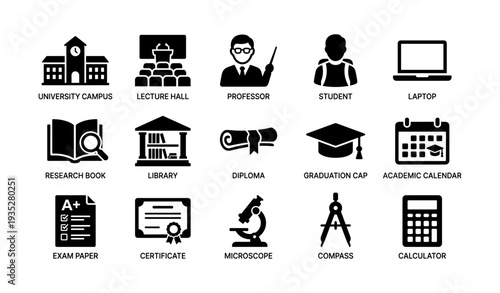 Academic icons collection featuring university, professor, student, and graduation elements