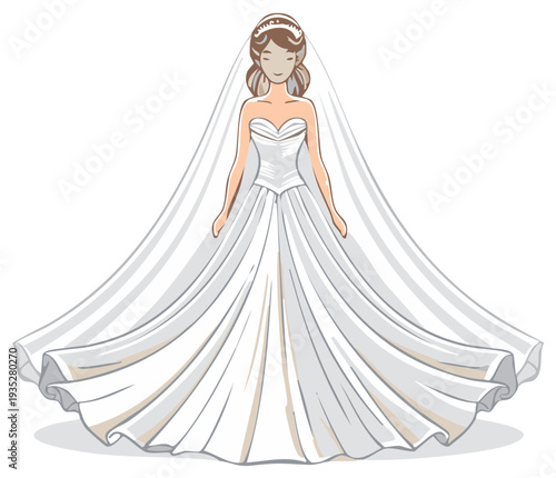 Elegant bride illustration in wedding dress with veil, ready for ceremony.