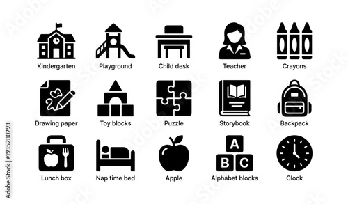 Kindergarten visuals: playground, teacher, storybook, alphabet blocks, clock