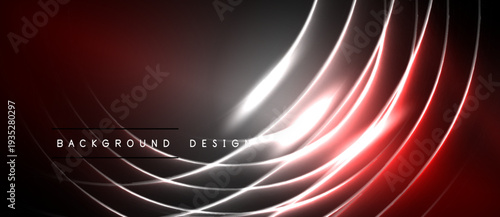 Abstract red neon lines curve over dark background. Bright streaks create dynamic visual effect. Modern design element.