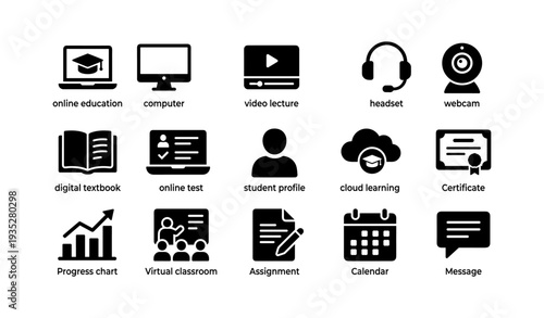 E-learning icons: education, technology, virtual class, online learning tools