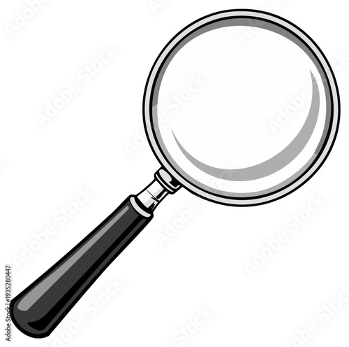 Magnifying glass tool for close examination and investigation with a black handle and metallic rim