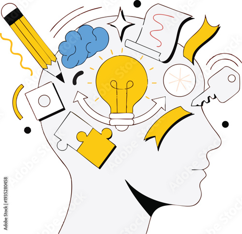 Creative Thinking Concept Vector – Human Head Silhouette with Light Bulb, Innovation and Brainstorming Flat Illustration