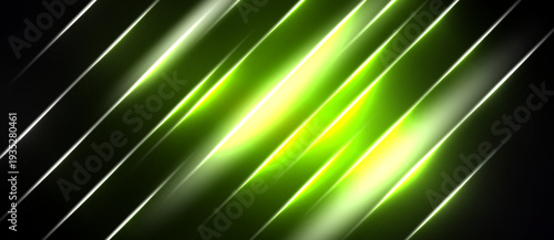 Abstract design features bright green, white lines against black background. Diagonal streaks create dynamic visual effect. Modern, energetic composition.