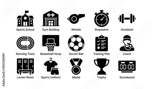 Sports icons set: gym, whistle, stopwatch, dumbbell, running track, basketball, soccer ball