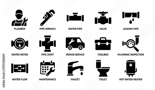 Plumbing tools and services icons including plumber, pipe wrench, and water heater