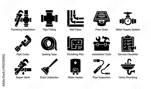 Plumbing tools and systems icons: installation, maintenance, water supply
