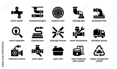 Sewer systems and maintenance icons collection