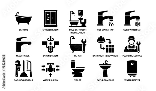 Bathroom fixtures and plumbing icons collection for installation and repair