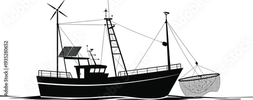 Commercial fishing boat silhouette with wind turbine and solar panel, sustainable marine industry vector illustration isolated on white background for renewable energy concept