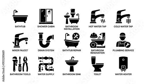 Bathroom icons: fixtures, plumbing, and renovation symbols for repair and installation