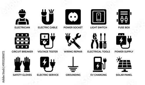 Electrician tools and services icons: cables, sockets, switches, and safety gear
