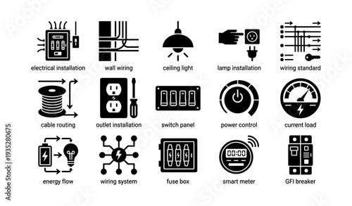 Electrical installation icons set: wiring, energy, power control, smart meter, switch panel