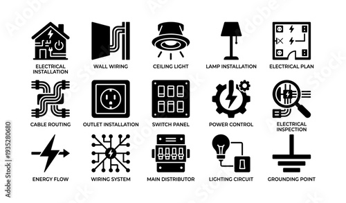 Electrical installation icons: cable routing, power control, lighting circuit, energy flow, grounding