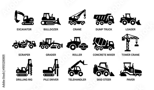 Construction equipment icons: excavator, bulldozer, crane, loaders, mixers, graders