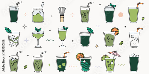 A Collection of Refreshing Green Matcha Drinks and Accessories in a Flat Design Style green tea
