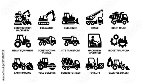 Construction machinery icons: excavator, bulldozer, crane, dump truck, heavy equipment