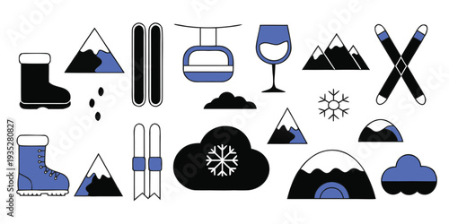 A collection of winter and ski-themed icons including mountains ski boots skis a ski lift a wine glass a snowflake and a tent Keywords: winter, ski, skiing, mountains, snow, mountain
