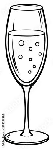 Champagne glass with bubbles, monochrome black and white illustration