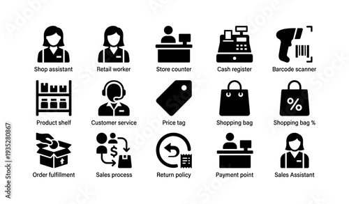 Retail icons set: shop assistants, shopping bags, cash register, barcode scanner, customer service