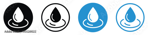 Liquid drop icon with a ripple effect. Represents water conservation, environmental purity, hydration, or chemical solutions. Minimalist black and blue circular icons.