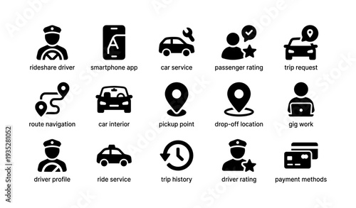 Rideshare icons: service, driver, navigation, rating, payment