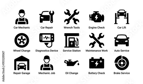 Car repair and maintenance icons featuring tools, mechanic, diagnostics, and garage services