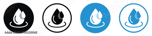 Liquid drop icon with a ripple effect. Represents water conservation, environmental purity, hydration, or chemical solutions. Minimalist black and blue circular icons.