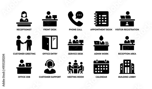 Office administration icon set: reception, service, meeting rooms, customer support, calendar