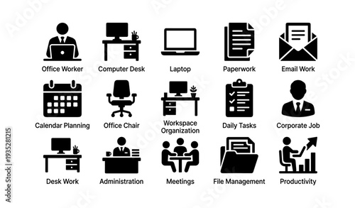 Office icon set featuring desk, laptop, paperwork, email, calendar, chair, tasks, and productivity