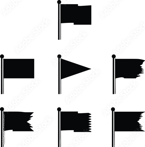 Black Flag Silhouette Set Isolated on White Background, Various Banner Shapes and Tattered Pennant Vector Illustration Collection for Design