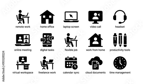 Icons depicting remote work concepts: home office, video call, productivity tools