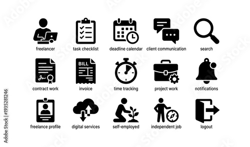 Freelancer icon set for contract work and project management tools