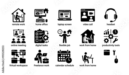 Remote work icons: online meeting, home office, productivity tools, flexible job