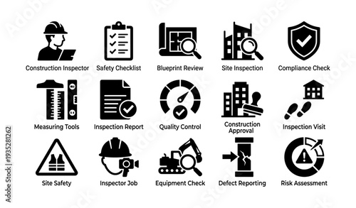Construction inspection icons for safety, compliance, and quality control