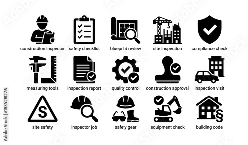 Construction icon set featuring safety and inspection elements