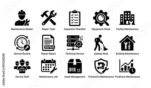 Industrial maintenance icons set featuring tools and building services