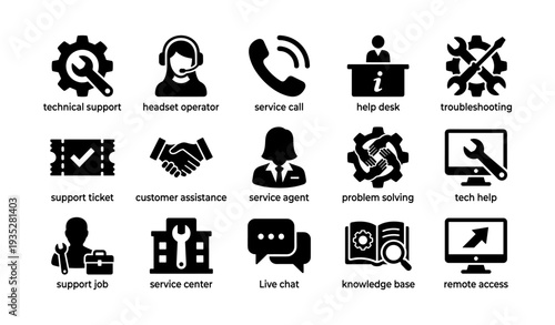 Technical support icons featuring help desk, service calls, and knowledge base tools