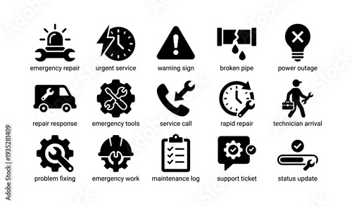 Emergency repair and maintenance icons for quick response and service
